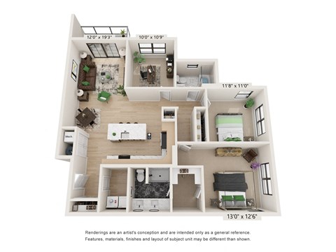 Floor plan for 2 beds, 2 baths, 1383 sqft